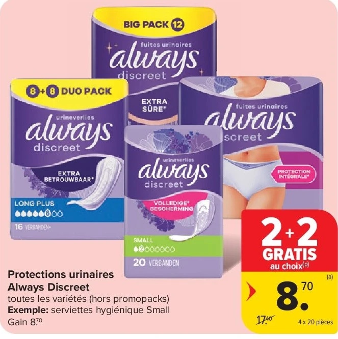 Protections urinaires Always Discreet 4 x 20 pièces