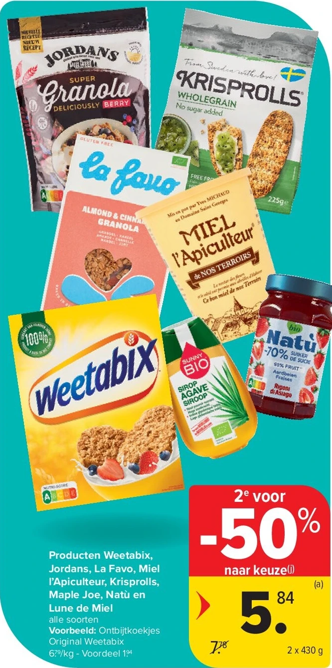 Producten Weetabix, Jordans, La Favo, Miel l’Apiculteur, Krisprolls, Maple Joe, Natù en Lune de Miel