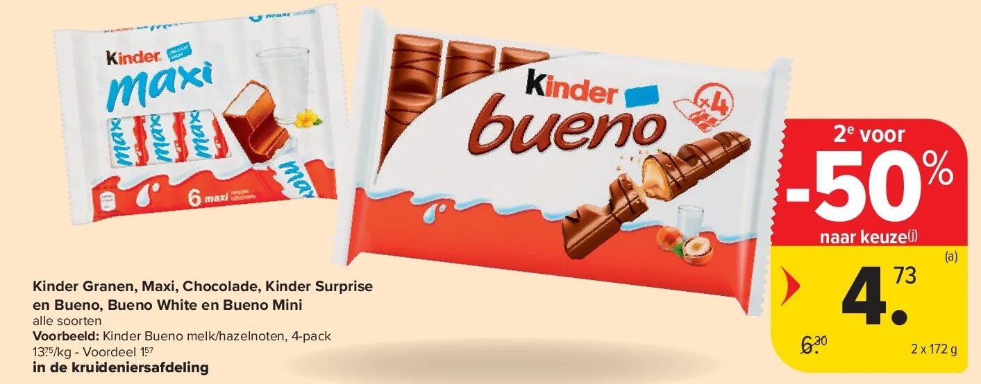 Kinder Granen, Maxi, Chocolade, Kinder Surprise en Bueno, Bueno White en Bueno Mini