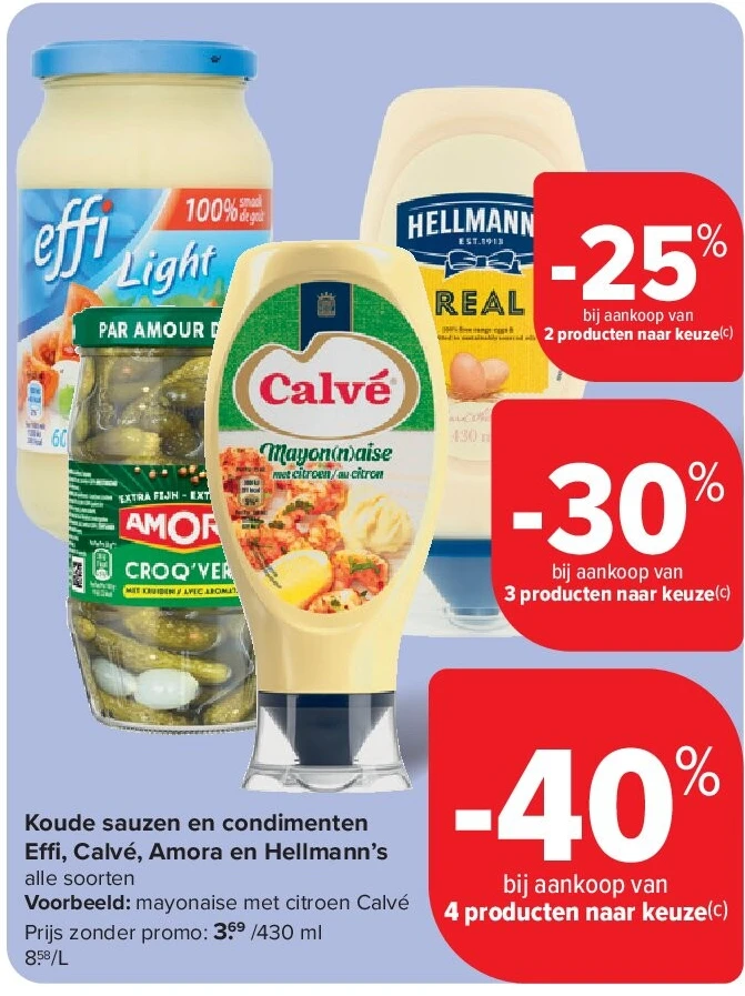 Koude sauzen en condimenten E , Calvé, Amora en Hellmann’s