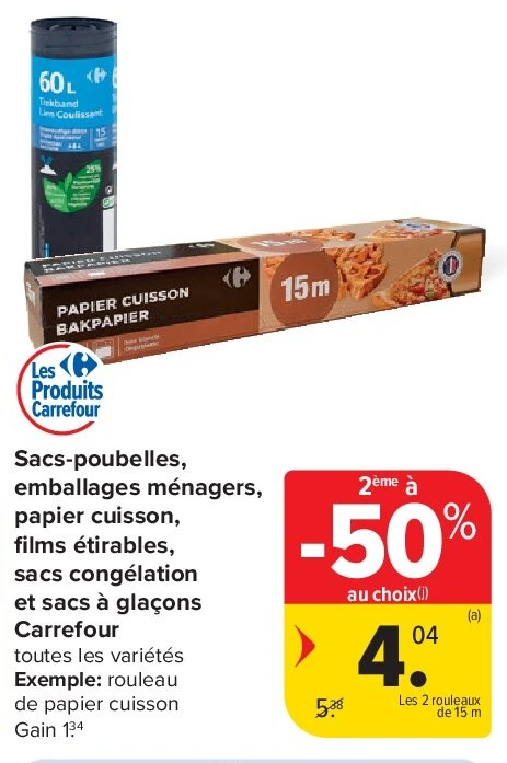 Sacs-poubelles, emballages ménagers, papier cuisson, films étirables, sacs congélation et sacs à glaçons Carrefour
