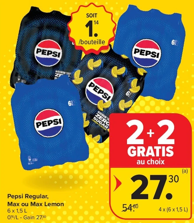 Pepsi Regular, Max ou Max Lemon 4 x (6 x 1,5 L)