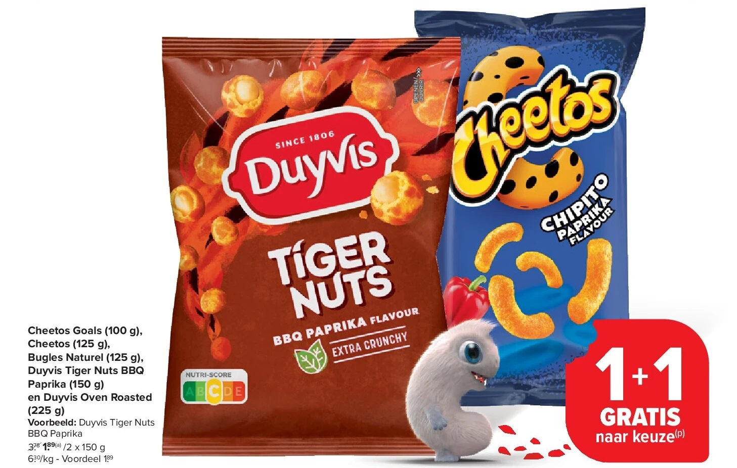 Cheetos Goals (100 g), Cheetos (125 g), Bugles Naturel (125 g), Duyvis Tiger Nuts BBQ Paprika (150 g) en Duyvis Oven Roasted (225 g)