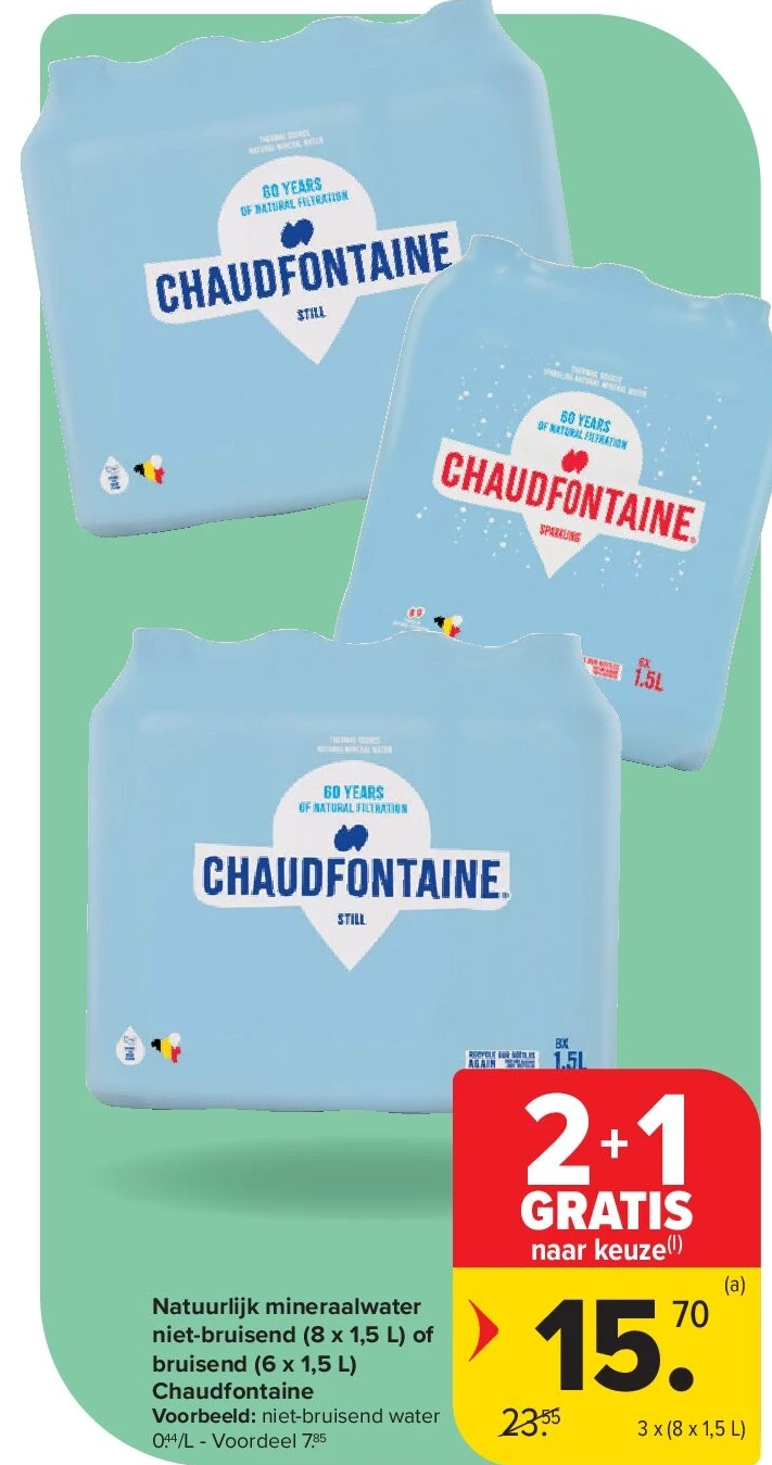 Natuurlijk mineraalwater niet-bruisend (8 x 1,5 L) of bruisend (6 x 1,5 L) Chaudfontaine