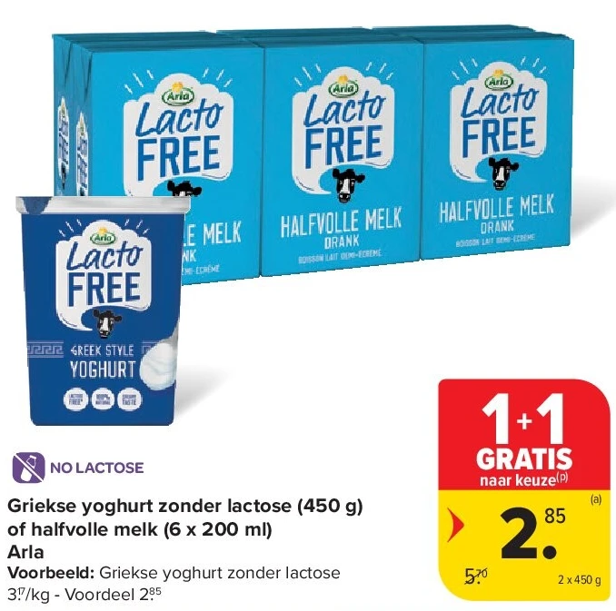 Griekse yoghurt zonder lactose (450 g) of halfvolle melk (6 x 200 ml) Arla