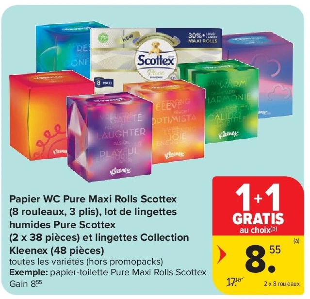 Papier WC Pure Maxi Rolls Scottex (8 rouleaux, 3 plis), lot de lingettes humides Pure Scottex (2 x 38 pièces) et lingettes Collection Kleenex (48 pièces)