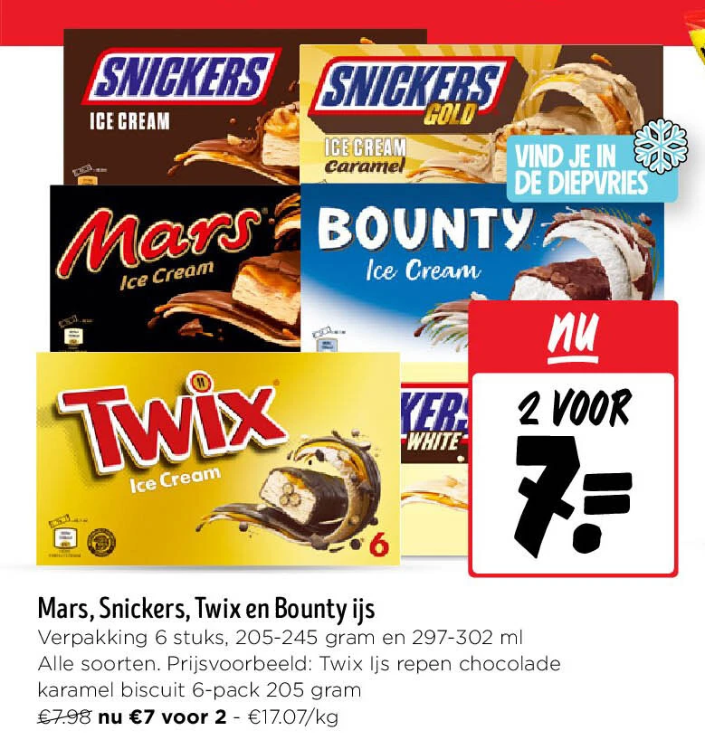 Mars, Snickers, Twix en Bounty ijs