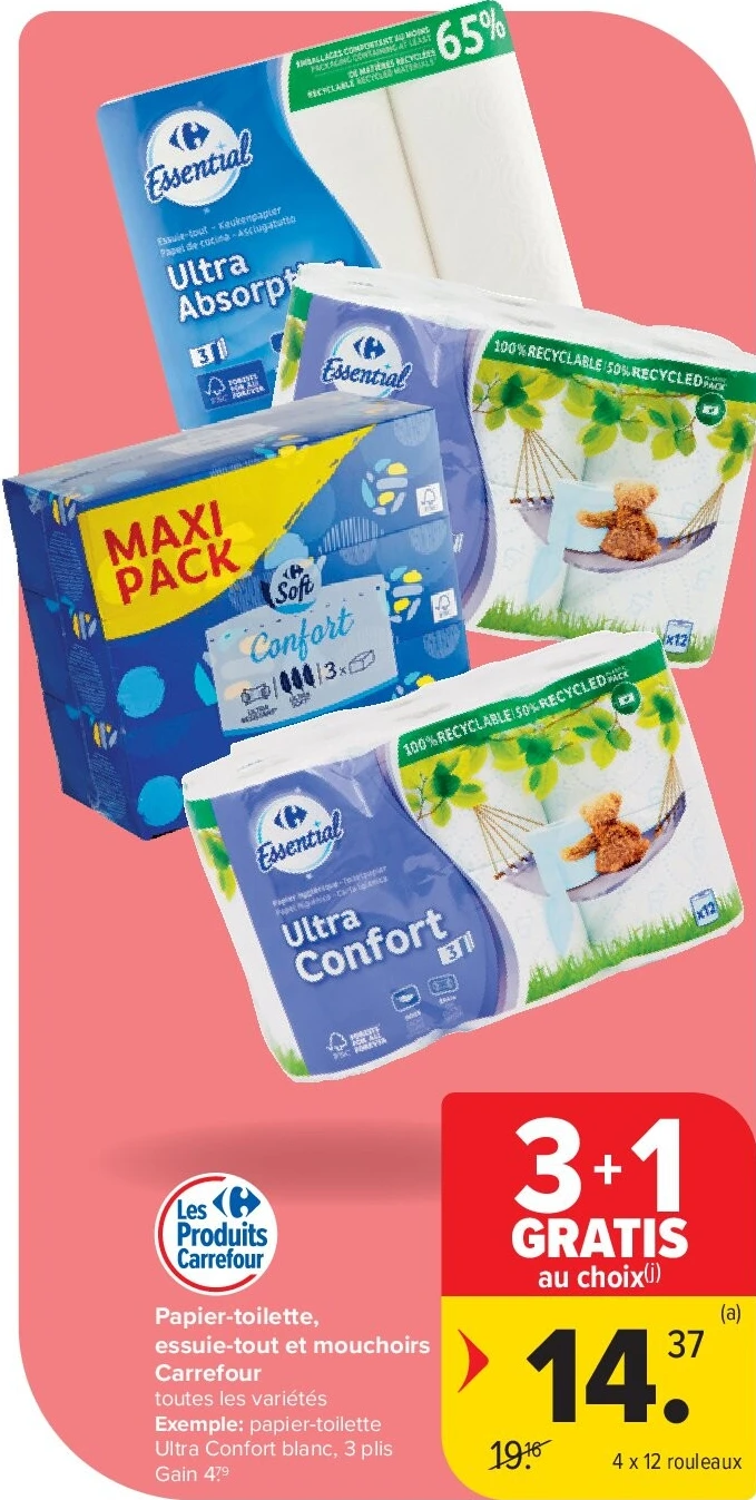 Papier-toilette, essuie-tout et mouchoirs Carrefour 4 x 12 rouleaux