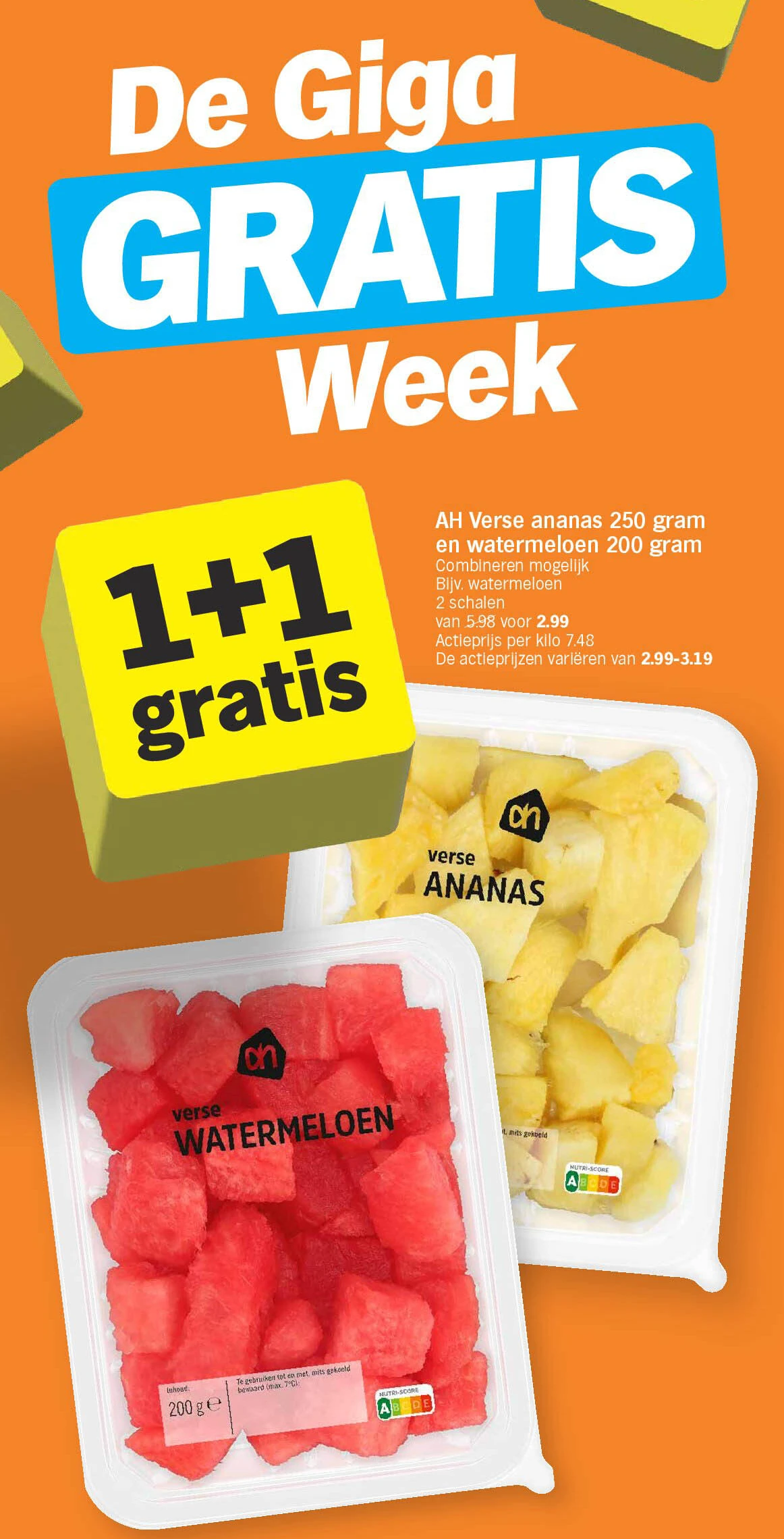 AH Verse ananas 250 gram en watermeloen 200 gram