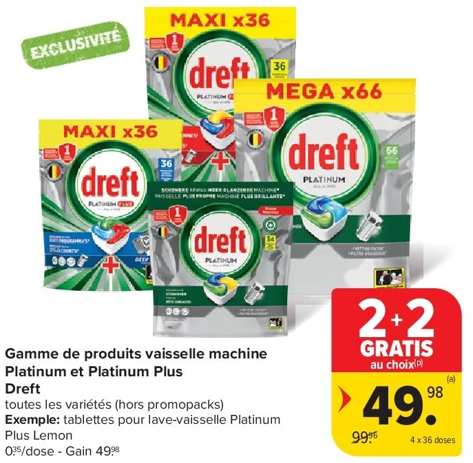 Gamme de produits vaisselle machine Platinum et Platinum Plus Dreft 4 x 36 doses