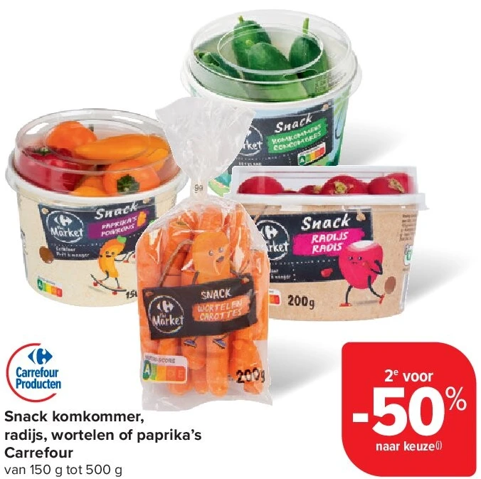 Snack komkommer, radijs, wortelen of paprika’s Carrefour