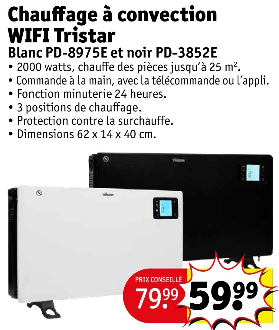 Chauffage à convection WIFI Tristar Blanc PD-8975E et noir PD-3852E