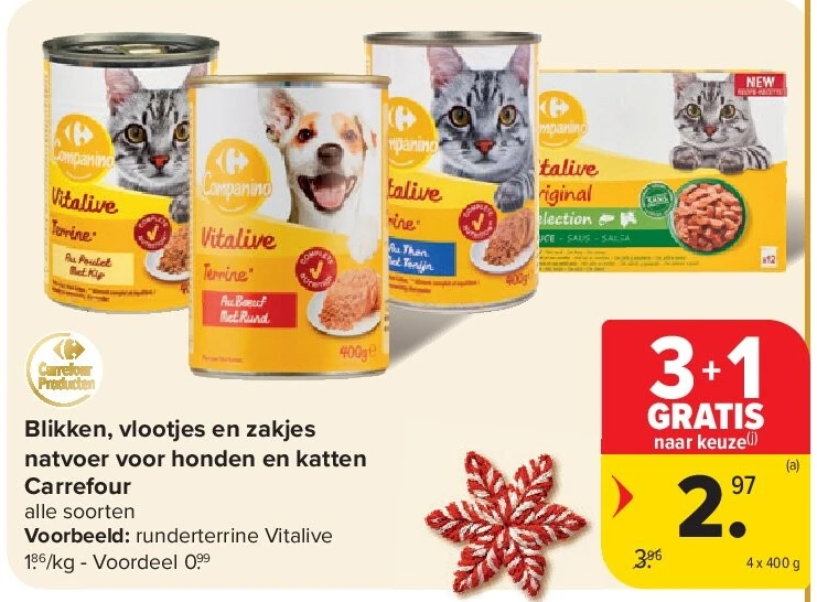 Blikken, vlootjes en zakjes natvoer voor honden en katten Carrefour