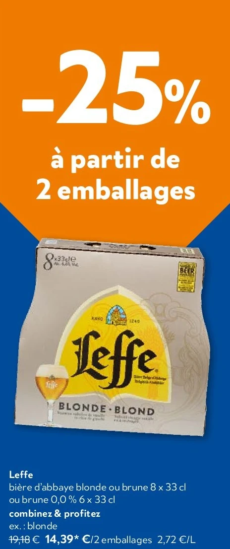 Leffe bière d’abbaye blonde ou brune 8 x 33 cl