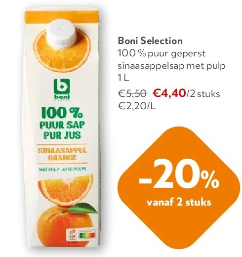 Boni Selection 100 % puur geperst sinaasappelsap met pulp 1 L