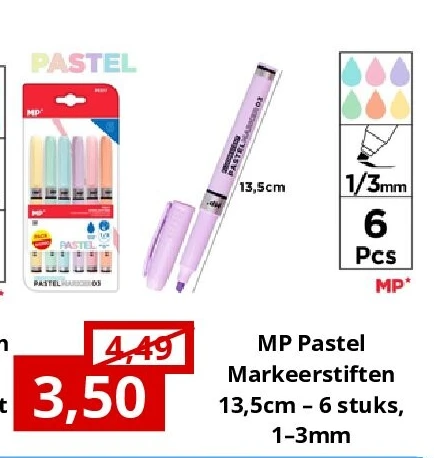 MP Pastel Markeerstiften 13,5cm – 6 stuks, 1–3mm