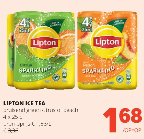LIPTON ICE TEA bruisend green citrus of peach 4 x 25 cl