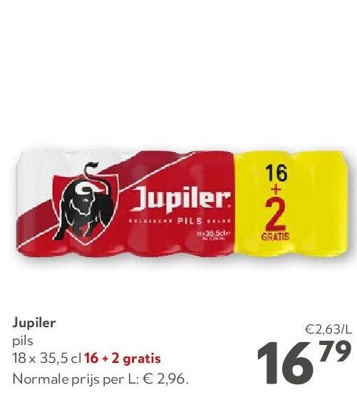 Jupiler pils 18 x 35,5 cl 16 + 2 gratis