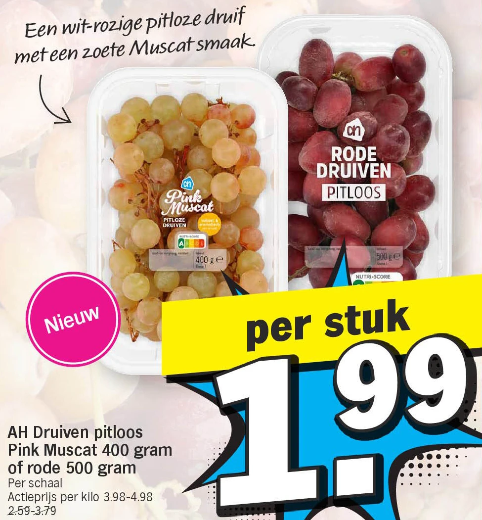 AH Druiven pitloos Pink Muscat 400 gram of rode 500 gram