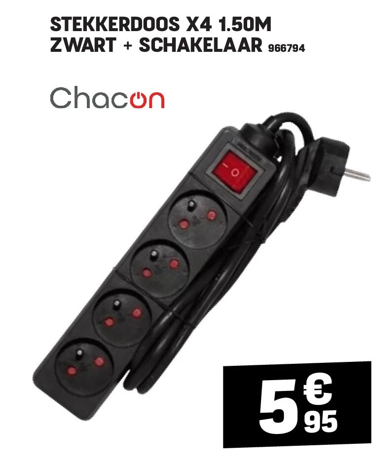 STEKKERDOOS X4 1.50M ZWART + SCHAKELAAR
