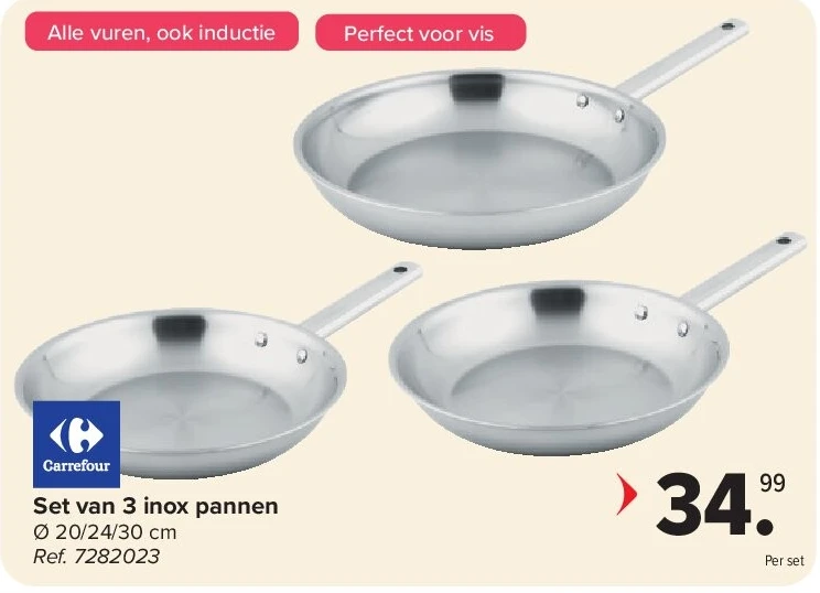 Set van 3 inox pannen