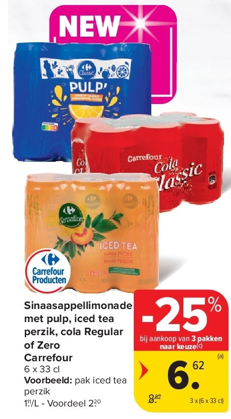 Sinaasappellimonade met pulp, iced tea perzik, cola Regular of Zero Carrefour