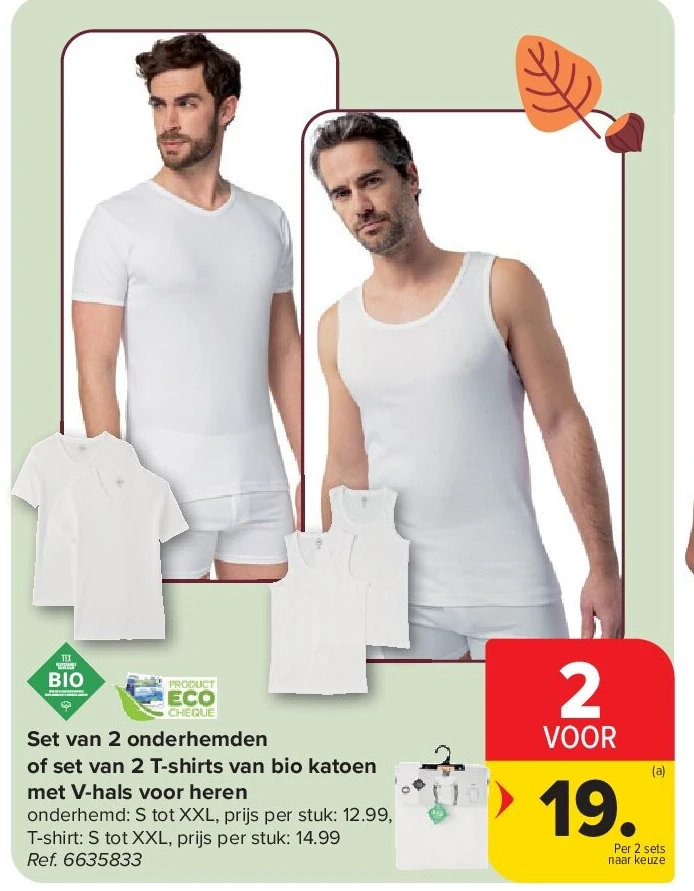 Set van 2 onderhemden of set van 2 T-shirts van bio katoen met V-hals voor heren