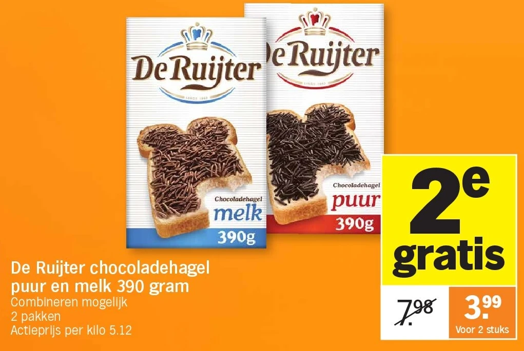 De Ruijter chocoladehagel puur en melk 390 gram