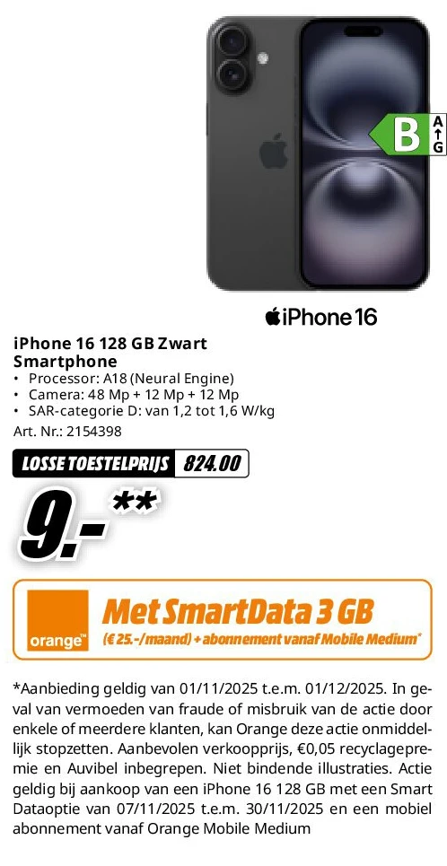 iPhone 16 128 GB Zwart Smartphone