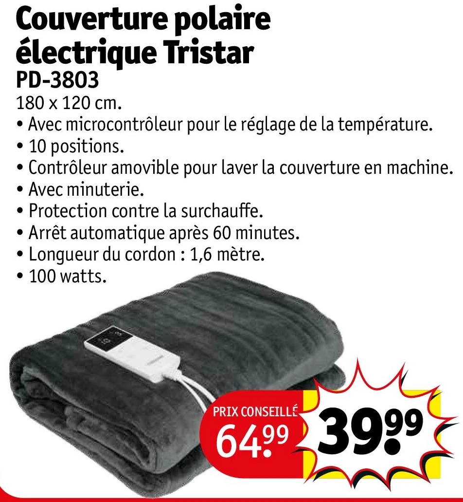 Couverture polaire électrique Tristar PD-3803 180 x 120 cm
