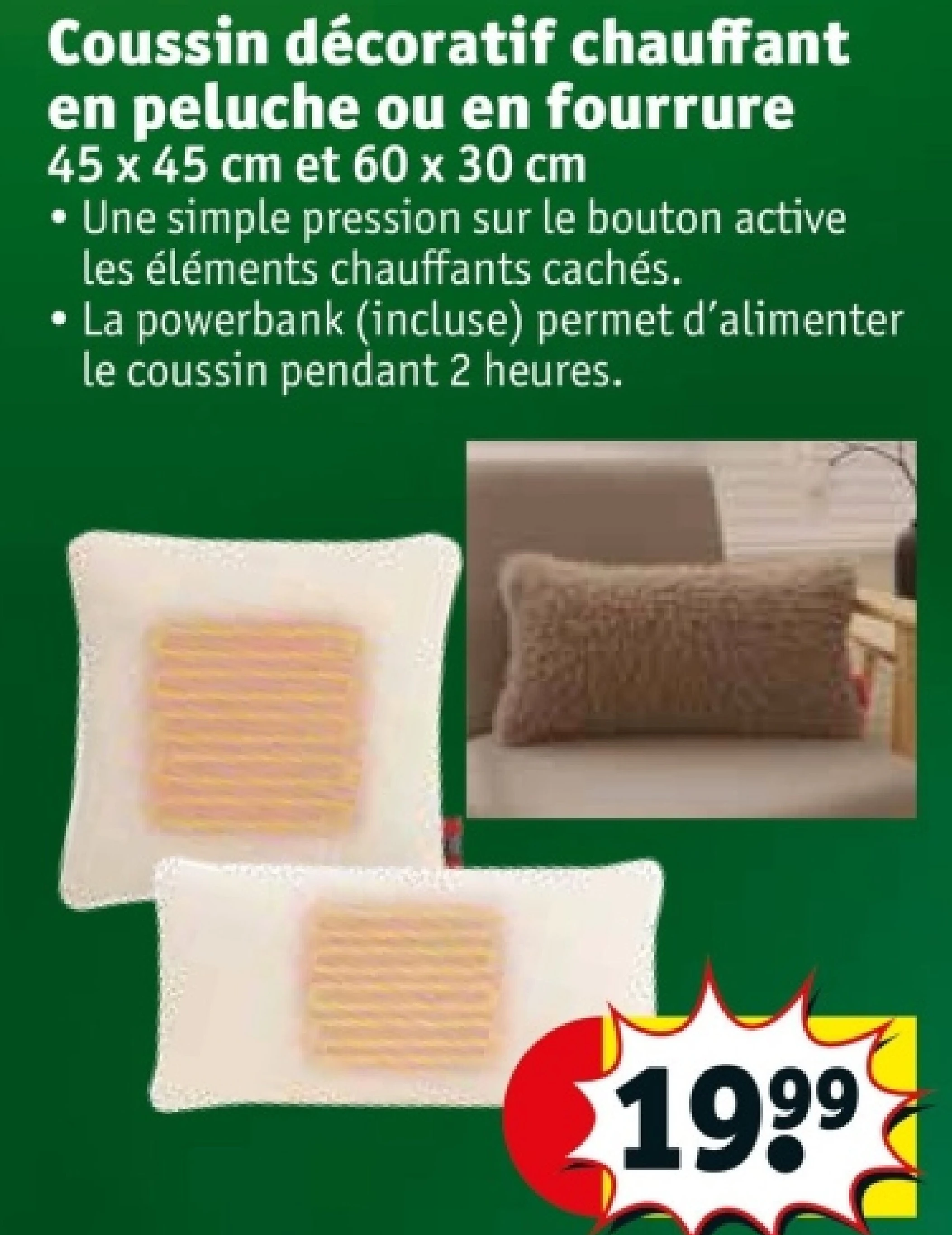 Coussin décoratif chauffant en peluche ou en fourrure 45 x 45 cm et 60 x 30 cm