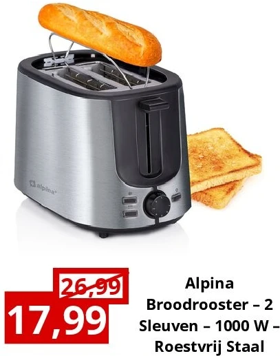 Alpina Broodrooster – 2 Sleuven – 1000 W – Roestvrij Staal