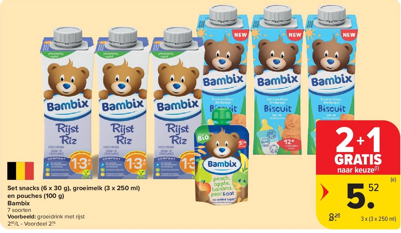 Set snacks (6 x 30 g), groeimelk (3 x 250 ml) en pouches (100 g) Bambix
