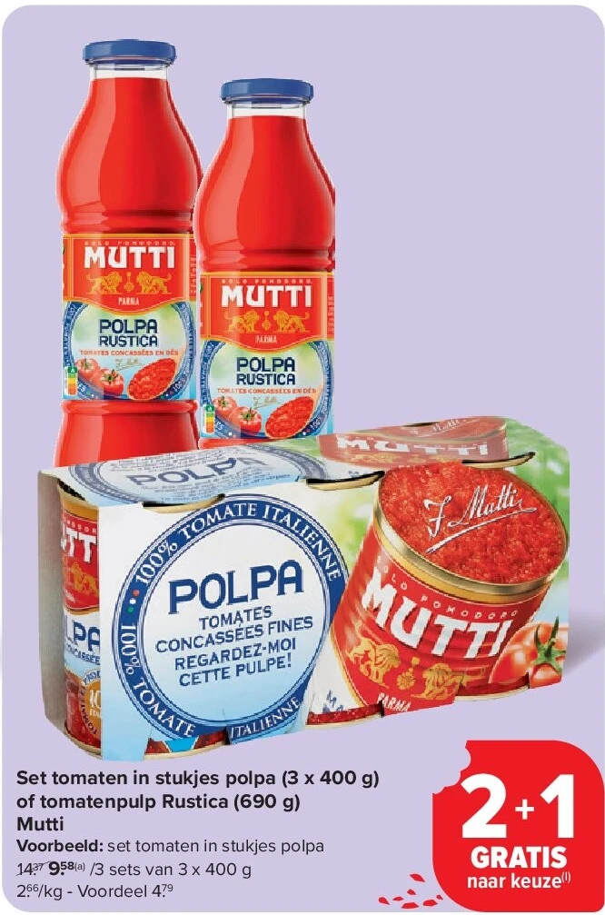 Set tomaten in stukjes polpa (3 x 400 g) of tomatenpulp Rustica (690 g) Mutti