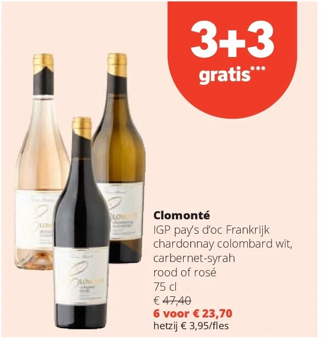 Clomonté IGP pay’s d’oc Frankrijk chardonnay colombard wit, carbernet-syrah rood of rosé 75 cl