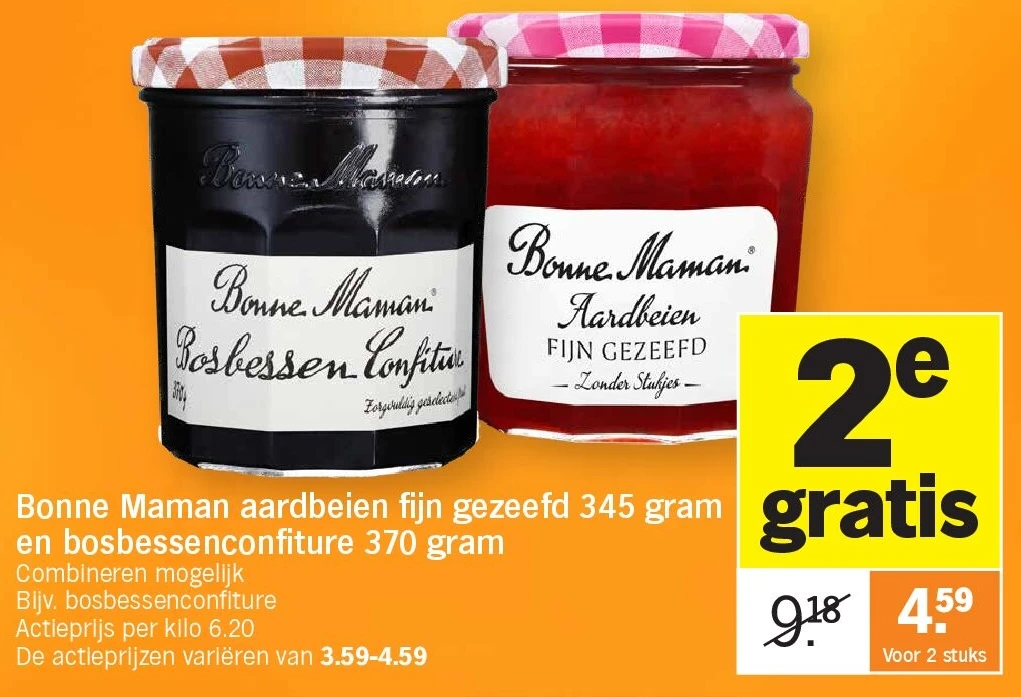 Bonne Maman aardbeien fijn gezeefd 345 gram en bosbessenconfiture 370 gram