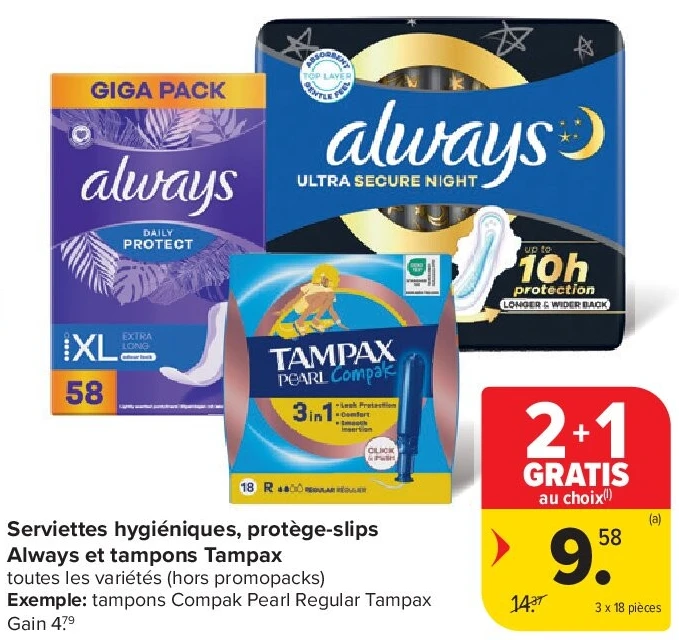Serviettes hygiéniques, protège-slips Always et tampons Tampax 3 x 18 pièces