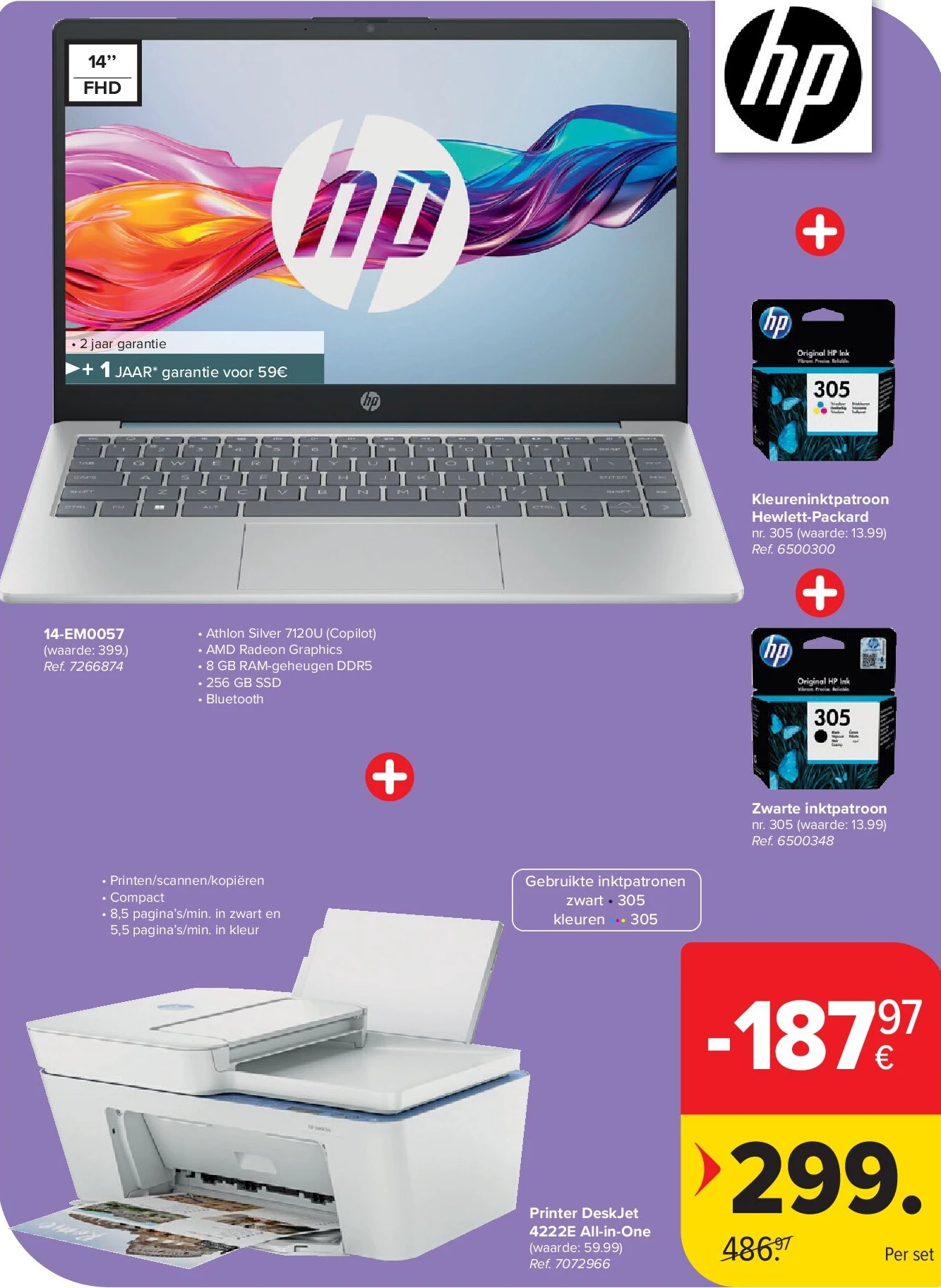 14-EM0057 + Kleureninktpatroon Hewlett-Packard + Zwarte inktpatroon + Printer DeskJet 4222E All-in-One