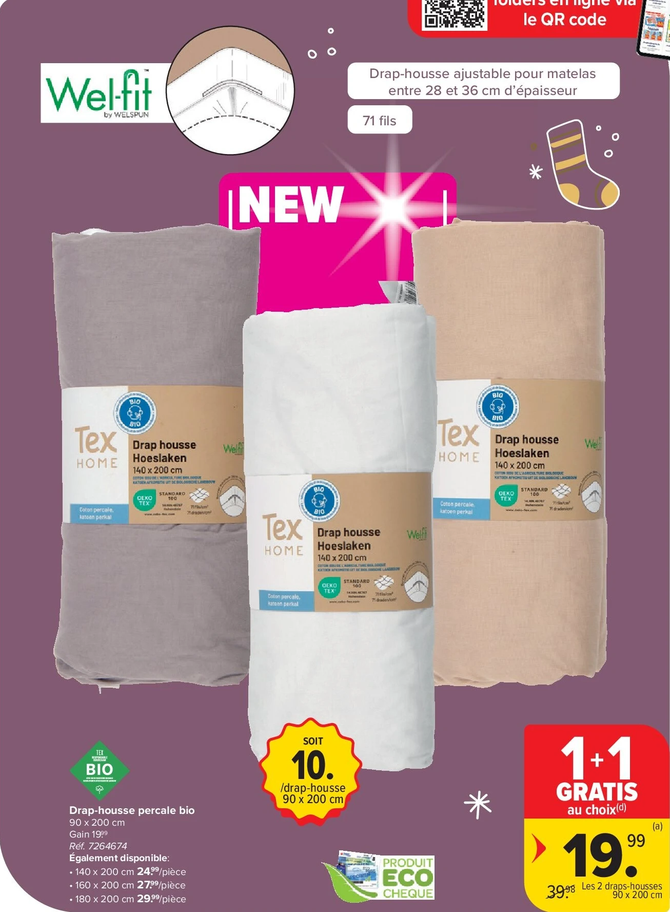 Drap-housse percale bio 90 x 200 cm