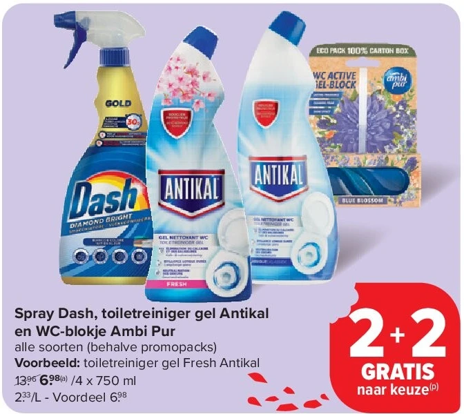 Spray Dash, toiletreiniger gel Antikal en WC-blokje Ambi Pur
