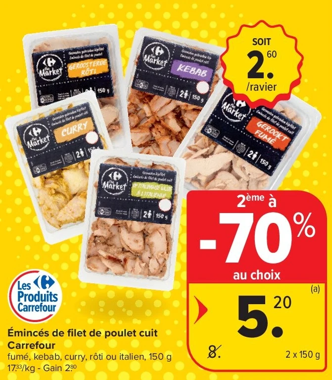 Émincés de filet de poulet cuit Carrefour 2 x 150 g