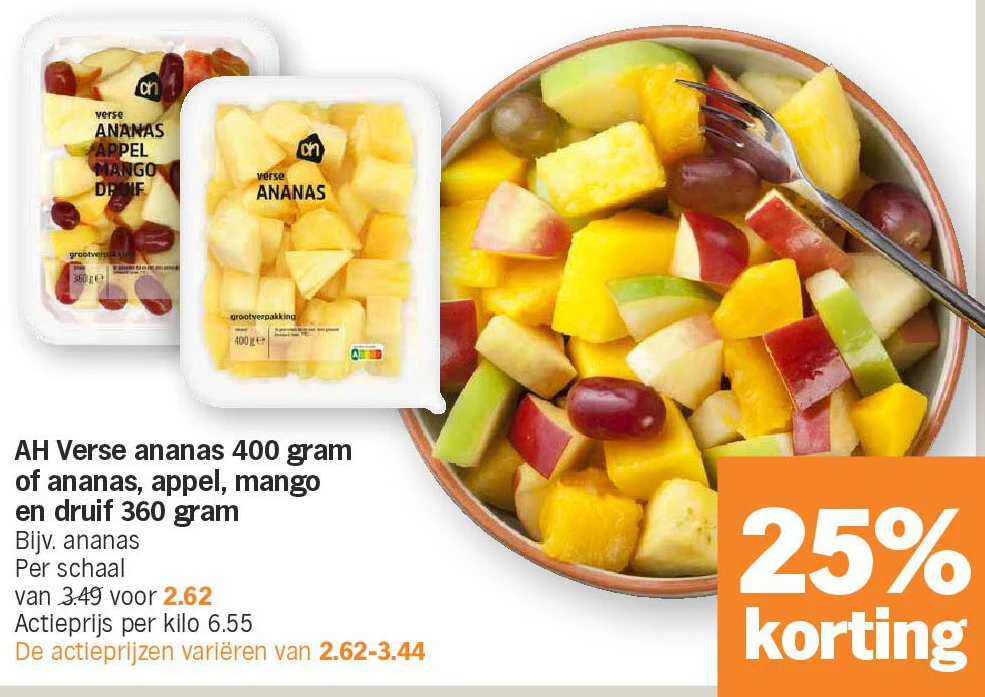 AH Verse ananas 400 gram of ananas, appel, mango en druif 360 gram