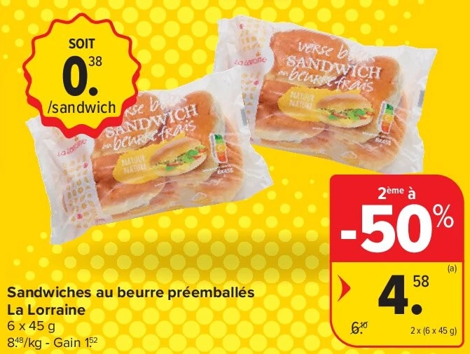 Sandwiches au beurre préemballés La Lorraine 2 x (6 x 45 g)
