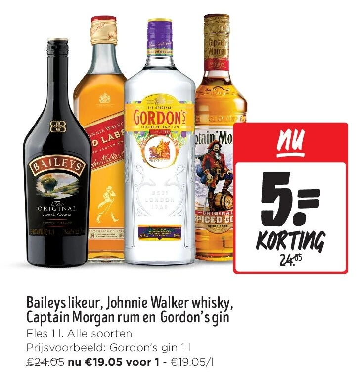 Baileys likeur, Johnnie Walker whisky, Captain Morgan rum en Gordon’s gin