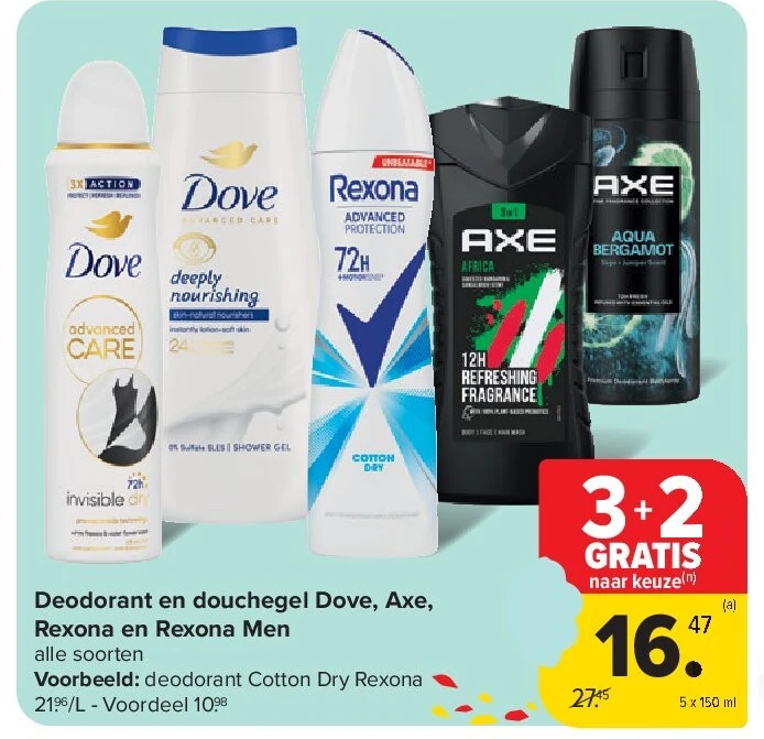 Deodorant en douchegel Dove, Axe, Rexona en Rexona Men