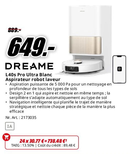 L40s Pro Ultra Blanc Aspirateur robot laveur