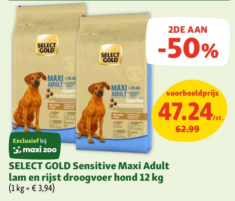 SELECT GOLD Sensitive Maxi Adult lam en rijst droogvoer hond 12 kg