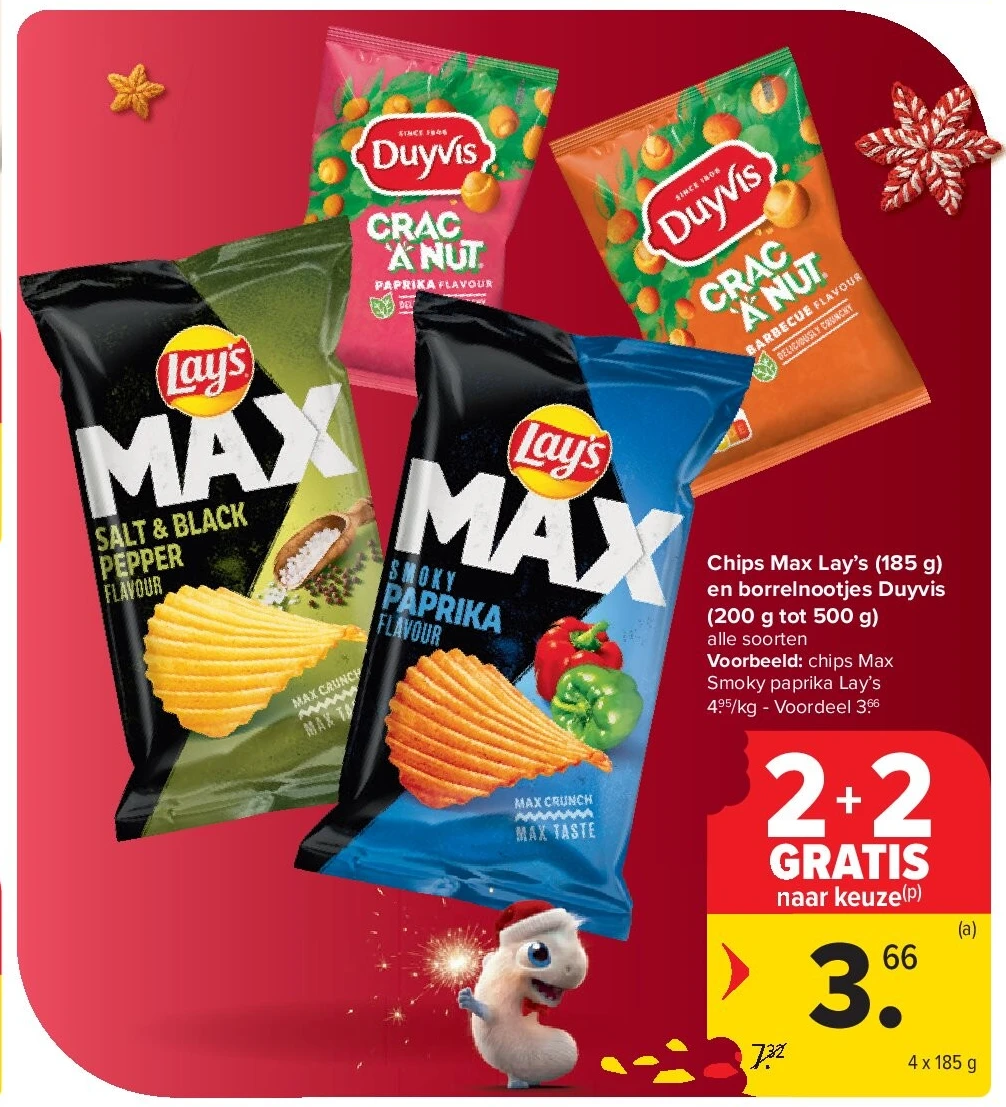 Chips Max Lay’s (185 g) en borrelnootjes Duyvis (200 g tot 500 g)