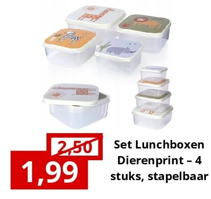 Set Lunchboxen Dierenprint – 4 stuks, stapelbaar
