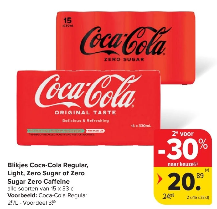 Blikjes Coca-Cola Regular, Light, Zero Sugar of Zero Sugar Zero Caffeine
